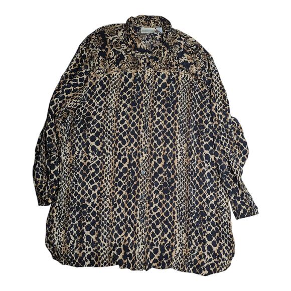 Vtg 1990s Elisabeth Black Tan Leopard Print 100% Silk Button Up Tunic Blouse 2X - Picture 1 of 4